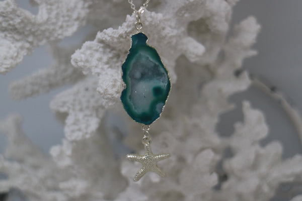 Load image into Gallery viewer, Green Geode Druzy Agate Crystal Silver Necklace with Starfish Charm
