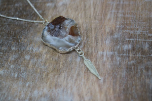 Druzy Agate Silver Necklace with Feather Charm
