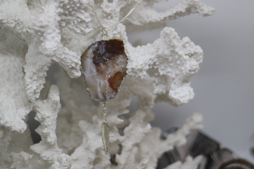 Druzy Agate Silver Necklace with Feather Charm