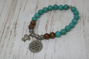 Turquoise and wood beaded bracelet with silver 'salt in the air and sand in my hair' and turtle charm