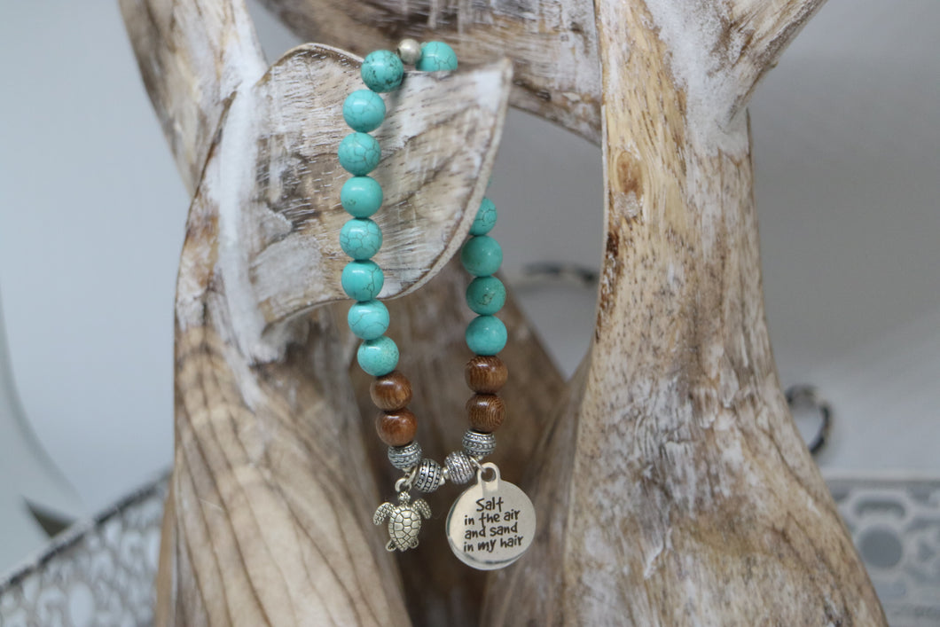 Turquoise and wood beaded bracelet with silver 'salt in the air and sand in my hair' and turtle charm