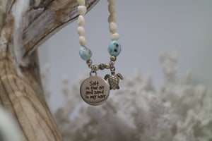 White shell beaded bracelet with Larimar nugget beads with silver 'salt in the air and sand in my hair' and turtle charm