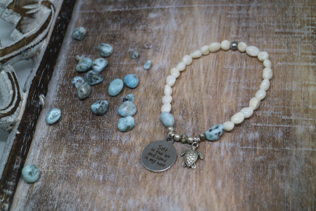 White shell beaded bracelet with Larimar nugget beads with silver 'salt in the air and sand in my hair' and turtle charm