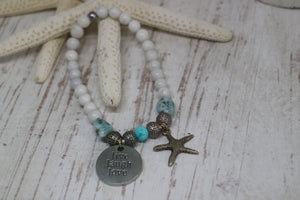 White Howlite and Larimar nugget beaded bracelet with silver 'live laugh love' and starfish charm