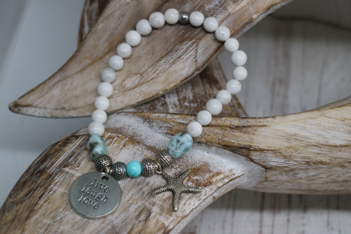 White Howlite and Larimar nugget beaded bracelet with silver 'live laugh love' and starfish charm