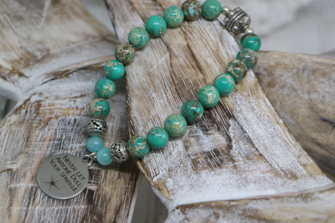 White shell beaded bracelet with Larimar nugget beads with silver 'salt in the air and sand in my hair' and turtle charm