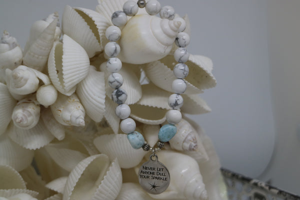 Load image into Gallery viewer, White howlite and Larimar nugget beaded bracelet with silver &#39;never let anyone dull your sparkle&#39; charm
