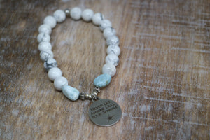 White howlite and Larimar nugget beaded bracelet with silver 'never let anyone dull your sparkle' charm