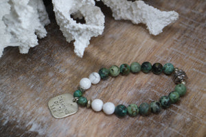 African Turquoise and white howlite beaded bracelet with silver rustic 'dreaming of the sea' charm