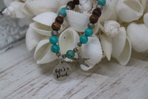 Turquoise gemstone and wood beaded bracelet with silver 'life's a beach' and starfish charms