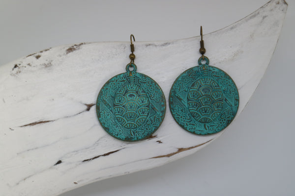 Load image into Gallery viewer, Green Bronze Patina Bohemian Turtle Earrings
