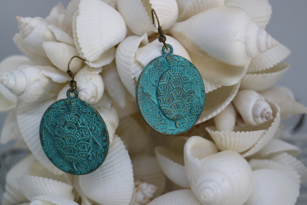 Load image into Gallery viewer, Green Bronze Patina Bohemian Turtle Earrings
