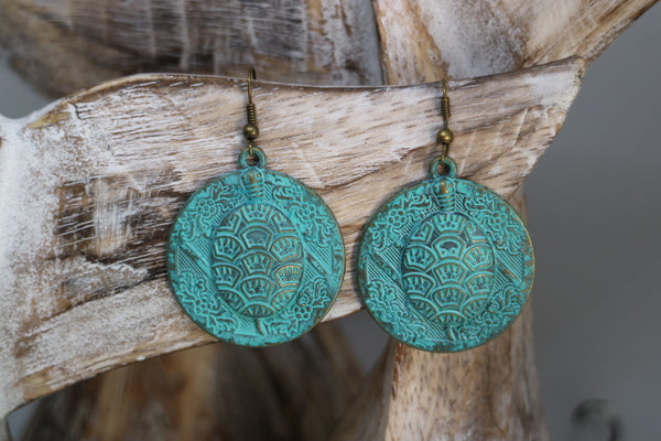 Load image into Gallery viewer, Green Bronze Patina Bohemian Turtle Earrings
