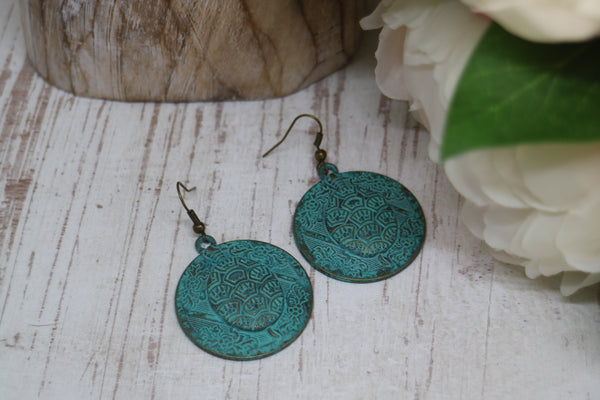 Load image into Gallery viewer, Green Bronze Patina Bohemian Turtle Earrings
