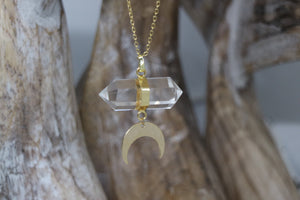 Clear Quartz Crystal Gold Necklace with Gold Moon Charm