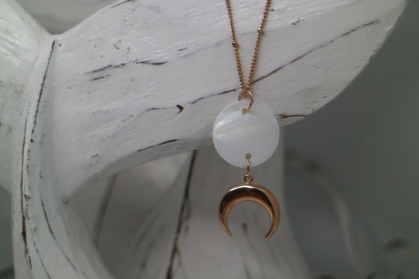 Load image into Gallery viewer, Mother of Pearl Shell Rose Gold Necklace with Rose Gold Moon Charm
