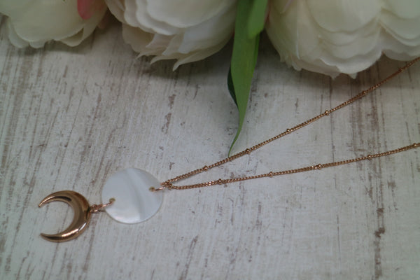 Load image into Gallery viewer, Mother of Pearl Shell Rose Gold Necklace with Rose Gold Moon Charm
