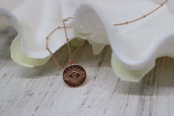 Load image into Gallery viewer, Rose gold evil eye of protection necklace
