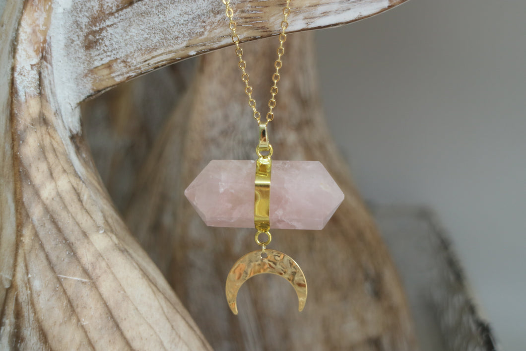 Rose Quartz Crystal Gold Necklace with Gold Moon Charm