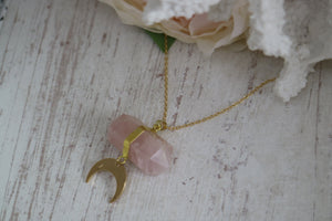 Rose Quartz Crystal Gold Necklace with Gold Moon Charm