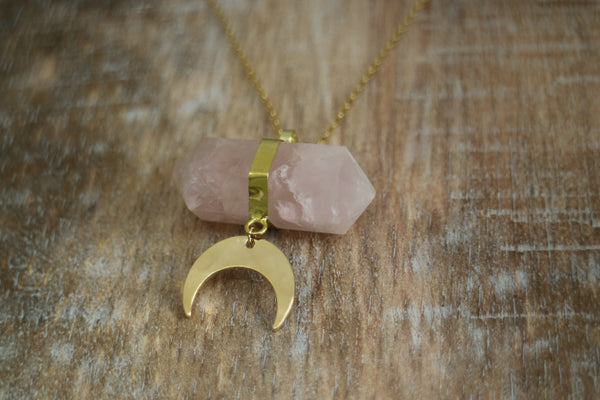 Load image into Gallery viewer, Rose Quartz Crystal Gold Necklace with Gold Moon Charm
