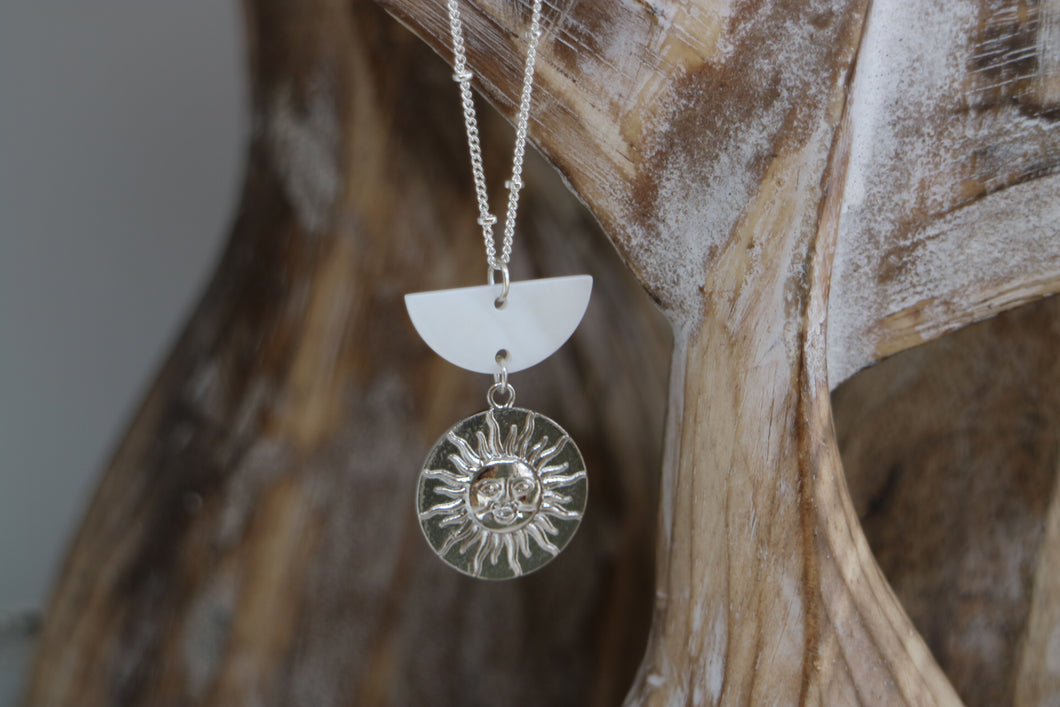 Mother of Pearl Silver Necklace with Sun Pendant