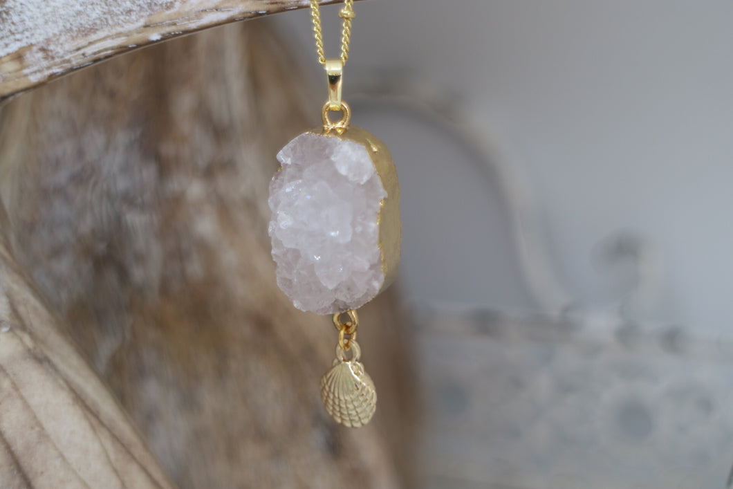White Geode Druzy Agate Crystal Gold Necklace with Shell Charm
