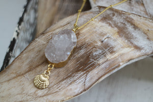 White Geode Druzy Agate Crystal Gold Necklace with Shell Charm