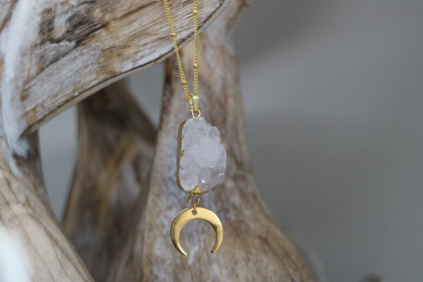 Load image into Gallery viewer, White Geode Druzy Agate Crystal Gold Necklace with Moon Charm
