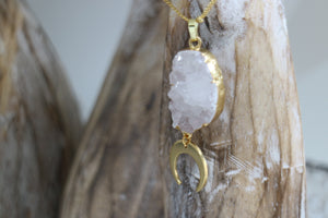 White Geode Druzy Agate Crystal Gold Necklace with Moon Charm