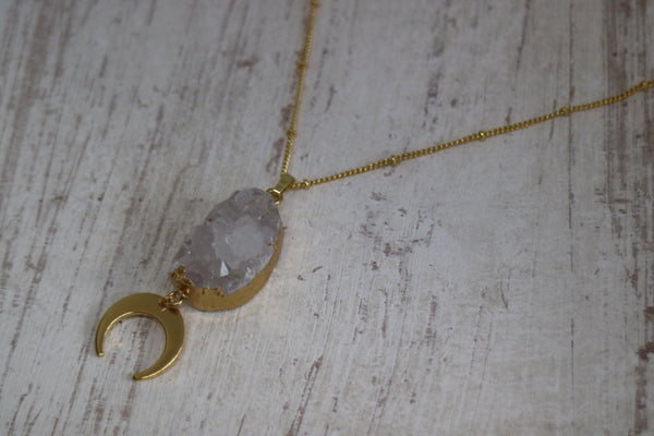 Load image into Gallery viewer, White Geode Druzy Agate Crystal Gold Necklace with Moon Charm
