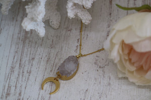 White Geode Druzy Agate Crystal Gold Necklace with Moon Charm
