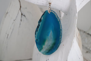 Blue Agate Slice Pendant Silver Necklace