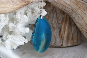 Blue Agate Slice Pendant Silver Necklace