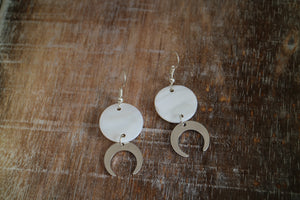 White mother of pearl shell sterling silver earrings with silver moon charms