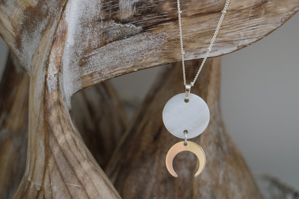 Load image into Gallery viewer, Mother of Pearl Shell Rose Silver Necklace with Silver Moon Charm
