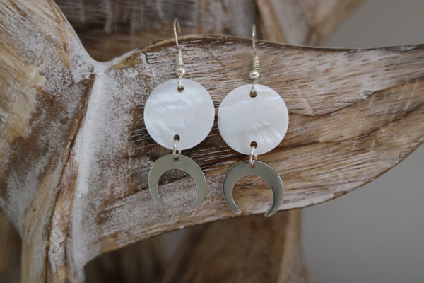 Load image into Gallery viewer, White mother of pearl shell sterling silver earrings with silver moon charms
