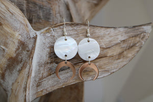 White mother of pearl shell sterling silver earrings with silver moon charms