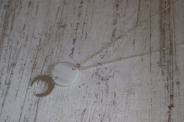 Load image into Gallery viewer, Mother of Pearl Shell Rose Silver Necklace with Silver Moon Charm
