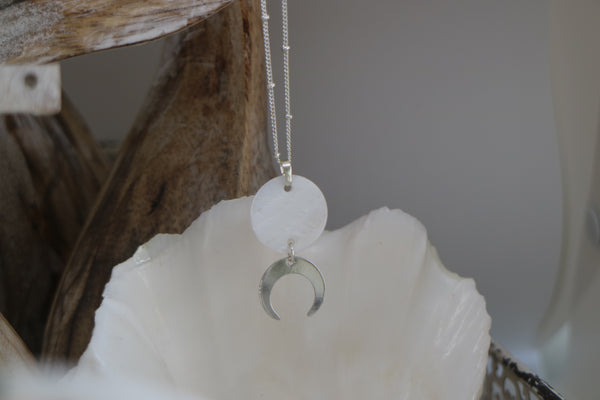 Load image into Gallery viewer, Mother of Pearl Shell Rose Silver Necklace with Silver Moon Charm
