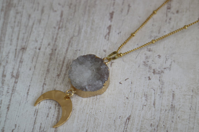 White Druzy Agate Crystal Gold Necklace with Moon Charm