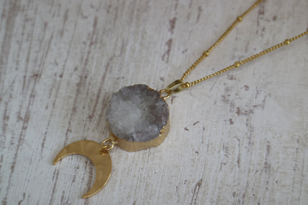 White Druzy Agate Crystal Gold Necklace with Moon Charm