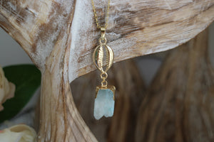 Blue Druzy Quartz Crystal Gold Necklace with Shell Charm