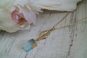 Blue Druzy Quartz Crystal Gold Necklace with Shell Charmwith Shell Charm