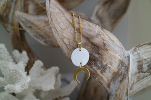 Mother of Pearl Shell Gold Necklace with Gold Moon Charm
