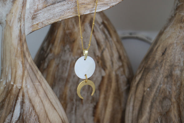 Load image into Gallery viewer, Mother of Pearl Shell Gold Necklace with Gold Moon Charm
