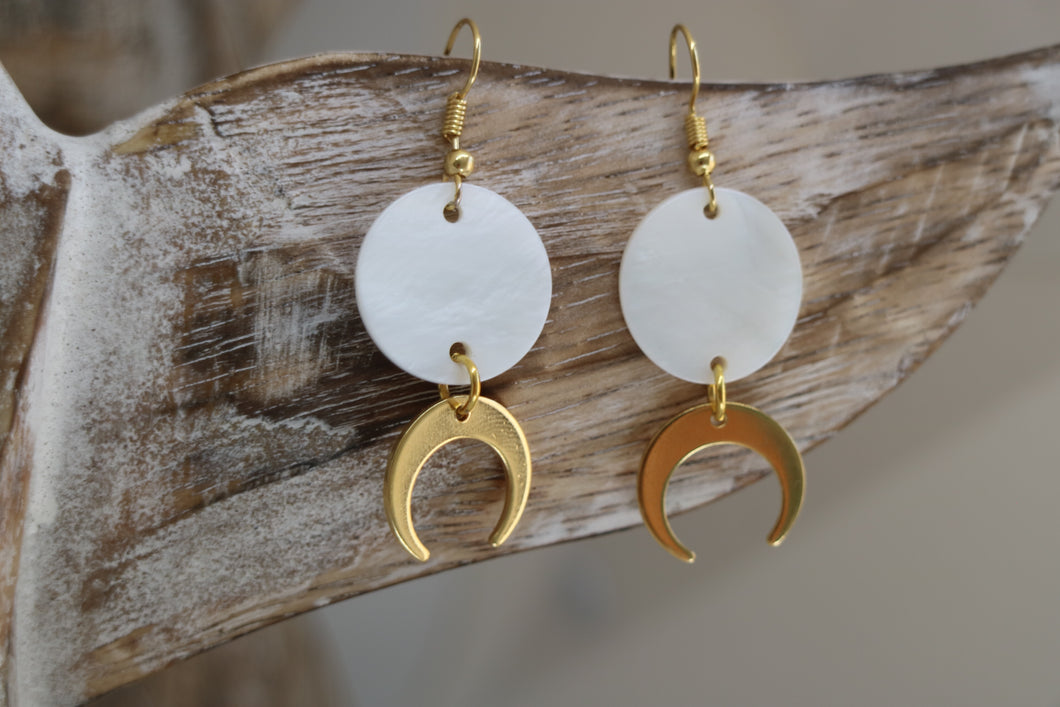 White mother of pearl shell gold earrings with 24k gold plated moon charms