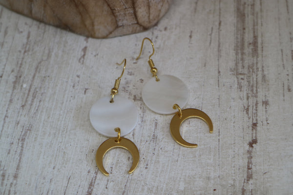 Load image into Gallery viewer, White mother of pearl shell gold earrings with 24k gold plated moon charms
