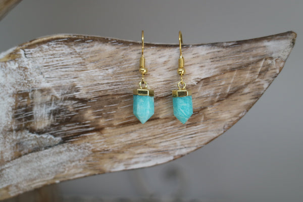 Load image into Gallery viewer, Amazonite crystal point gold earrings
