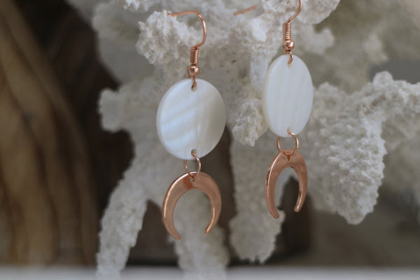 Load image into Gallery viewer, White mother of pearl shell rose gold earrings with rose gold moon charms
